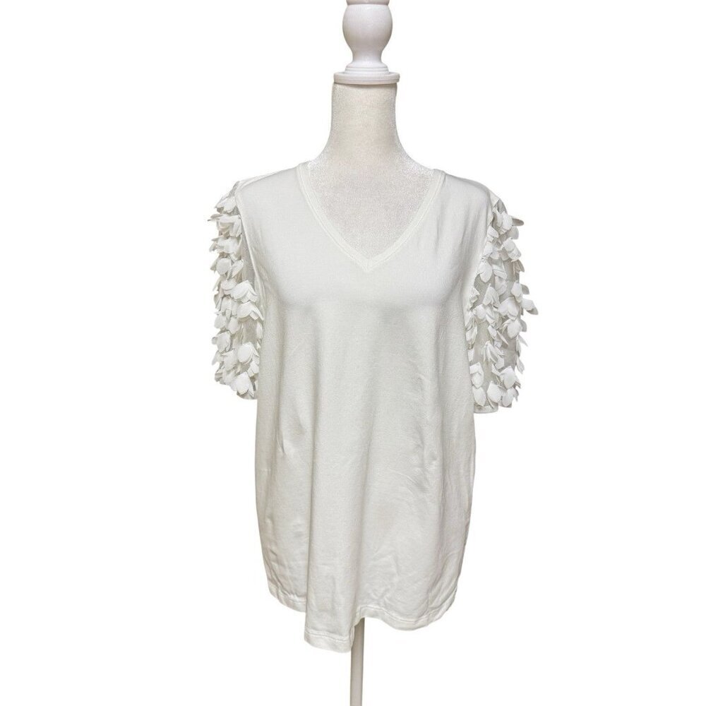 Chico’s White Floral Sleeve Top Size 2 Large V Neck Textured
